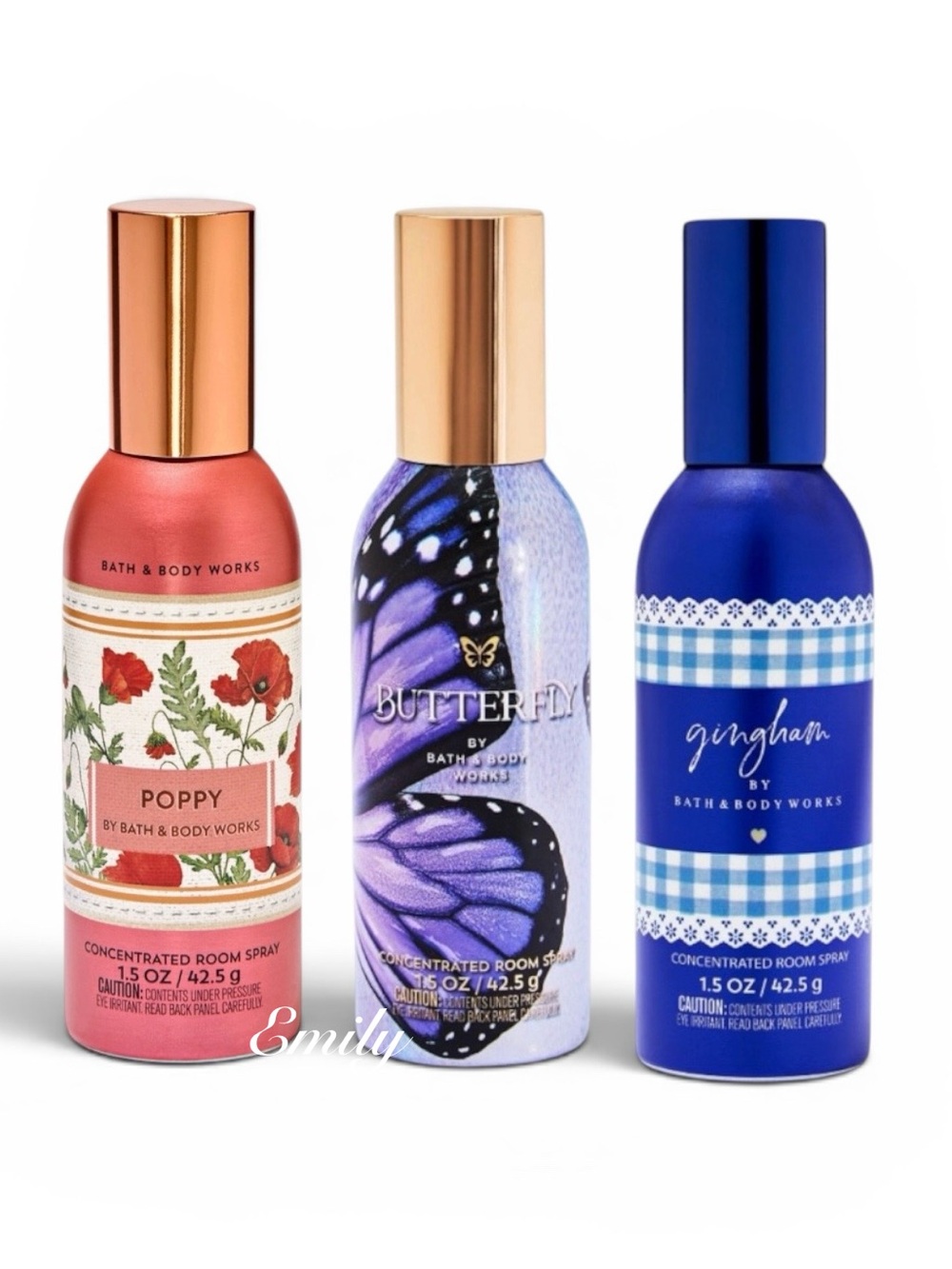 3X Bath & Body Works POPPY BUTTERFLY GINGHAM concentrated Room Spray Set Bundle